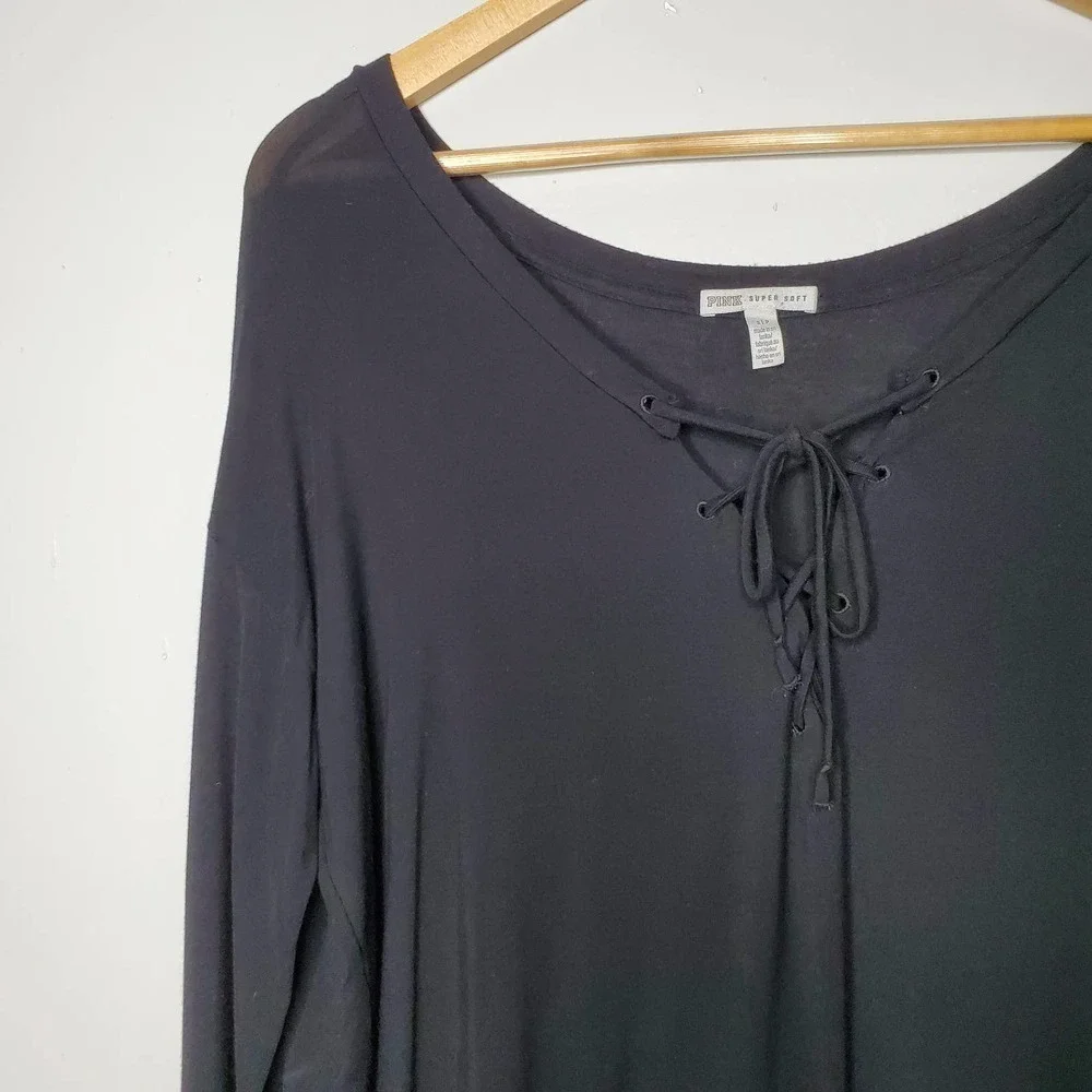 PINK Super Soft Tie Front Long Sleeve Tee Black S
